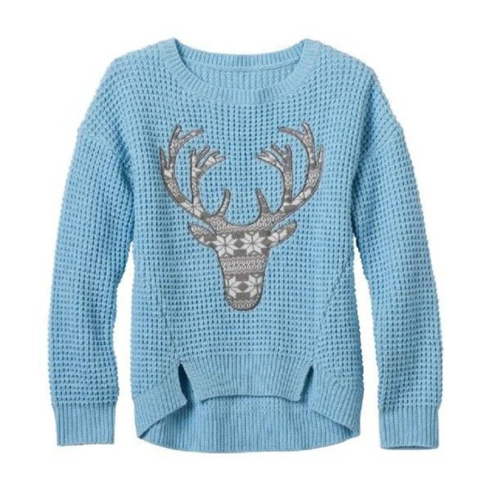 Girls Reindeer Christmas Sweater 14 Blue Waffle Knit Long Sleeve Scoop Neck